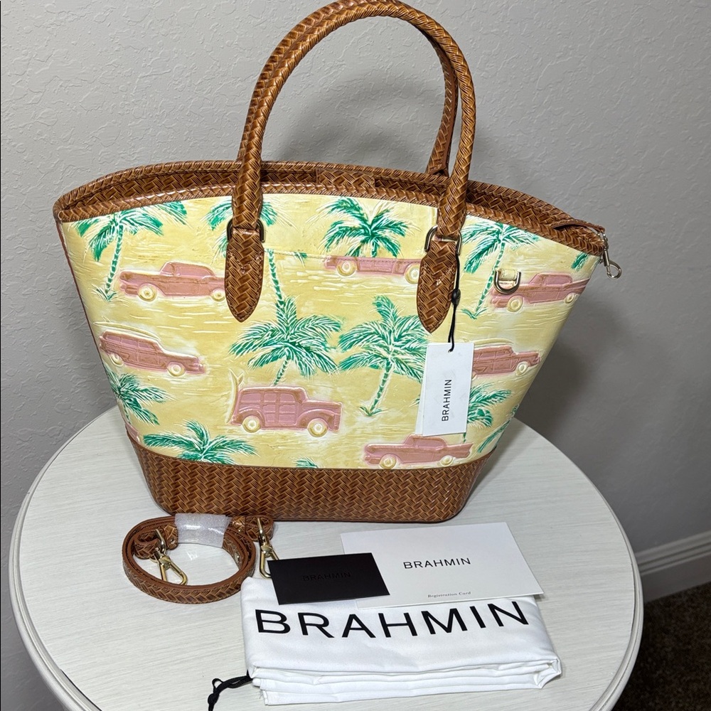 Brahmin Jeanne Copa Cabana Tote Honey Brown Tropical Leather Crossbody NWT - Picture 7 of 10